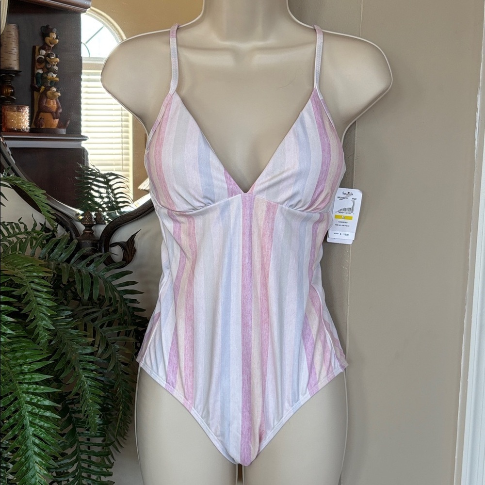 Brand New Splendid Heather Ombre Striped One Piece Swimsuit V-Neck Tie Back